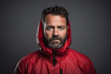 Fototapeta premium Portrait of a tender man in his 40s wearing a windproof softshell isolated on minimalist or empty room background
