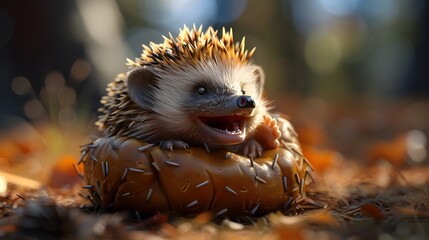 Obraz premium Adorable Hedgehog Rolling into a Ball in Autumn Leaves