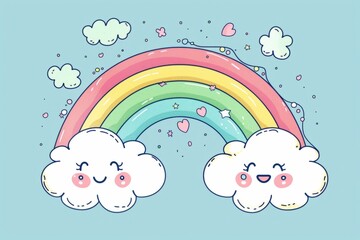 Cartoon cute doodles of a happy rainbow with fluffy clouds, Generative AI 