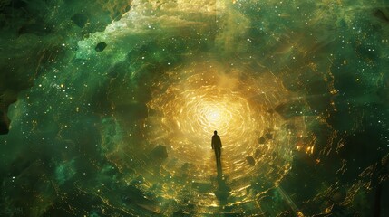 Obraz premium A surreal landscape with a figure floating above a glowing pool of water, hands outstretched as if receiving visions, representing the mystical practice of prophecy and foresight