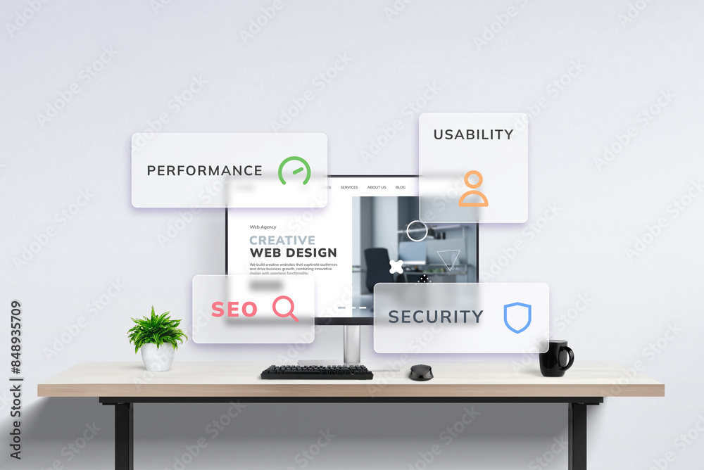 Fototapete Modern office desk with computer displaying web design agency concept: floating windows highlight web page performance, usability, SEO, and security. Web design principles visualized