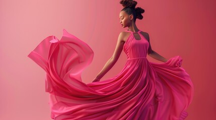 Elegant Woman in Flowing Pink Dress on Vibrant Background