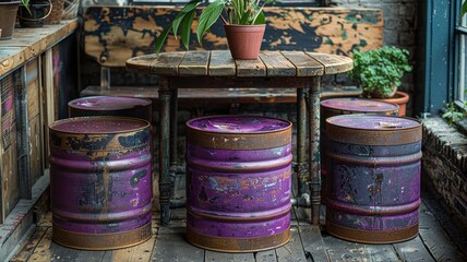 Fototapeta premium Oil drums converted into quirky, vibrant purple seating arrangements in a rustic setting