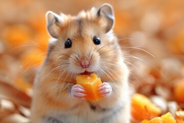 Baby Hamster: A tiny baby hamster, holding a small piece of food in its paws, sitting in a cage. 