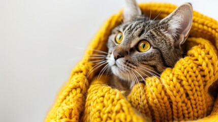 Naklejka premium Close up of adorable cat in yellow sweater on white background