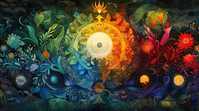 An illustration of a wheel depicting the karmic cycle, with different life forms and actions representing the continuous cycle of cause and effect.