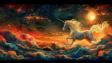 Obraz premium Unicorn Galloping Through the Clouds at Sunset