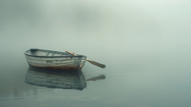 At the edge of a mist-covered lake, a rowboat floats eerily, its oars resting as if the rower has vanished into the mystical, otherworldly fog.