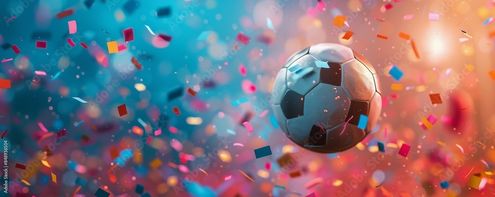 Wall mural soccer ball suspended in mid-air surrounded by confetti - Wall murals