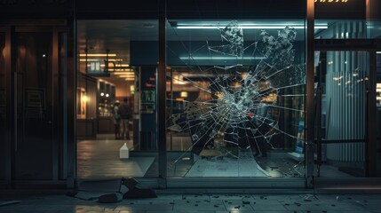Mysterious Shattered Glass Storefront at Night