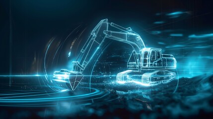 A glowing, holographic excavator in a digital environment, showcasing advanced technology and innovation.