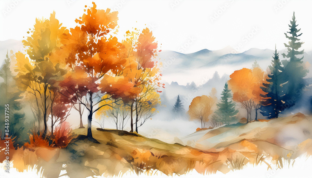 Wall mural abstract watercolor painting of autumn morning mist, trees and fog on white background. hand drawn