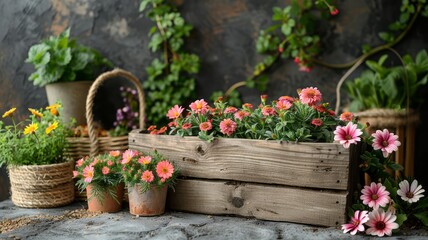 Gardening tools and equipment neatly organized in a wooden crate surrounded by blooming flowers