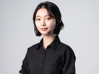 Portrait of a Chinese female customer service representative with a headset, dressed in a black shirt, showcasing a warm and approachable demeanor, under soft natural lighting, captured from the waist