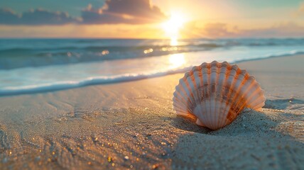 Tranquil Sunset Beach with a Seashell on Sandy Shoreline