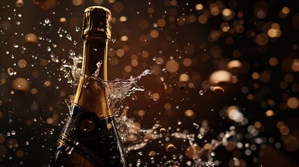 Bottle of Champagne with splashes festive banner background