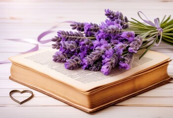 A bouquet of dried lavender resting on an old book with a silver heart charm, all on a white wooden background