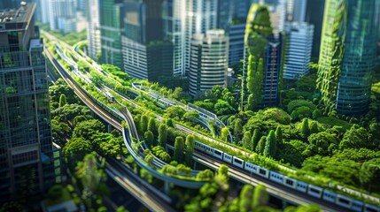 Modern Urban Greenway with Elevated Green Gardens, Perfect for Urban Sustainability Projects and Eco-Friendly Urban Planning, Featuring Futuristic City Design and Lush Green Spaces