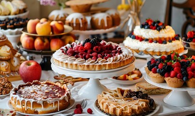 Fototapeta premium A table full of desserts and fruit, A table full of desserts and fruit, Generative AI