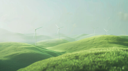 A field of grass with four wind turbines in the background