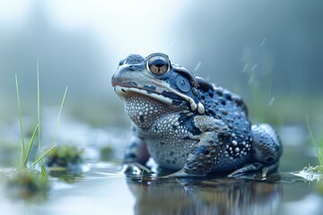 A macro shot of a toad sitting in a puddle of water. AI.