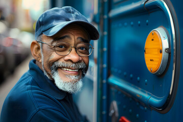 Cheerful senior postal worker with a friendly smile poses for a portrait against his blue delivery truck on national postal worker day, showcasing the human face of daily mail service