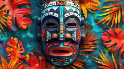 Tongan mask flat design top view tribal background watercolor vivid