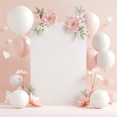 beautiful vertical welcome baby card decorated with a blank space in the middle, soft baby pink and white tones, baby themed decorations 