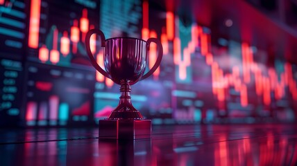 Golden Trophy in Front of a Financial Chart