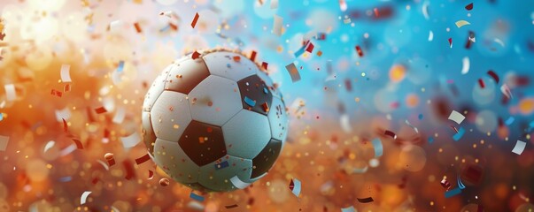Soccer Ball Suspended in Mid-Air Surrounded by Confetti