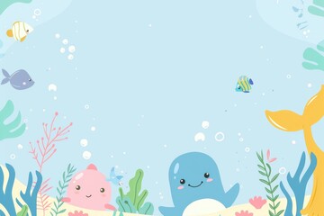 Whimsical Underwater Scene with Playful Whales and Tropical Fish