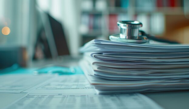 A stethoscope rests on top of a stack of medical documents and reports. AI.