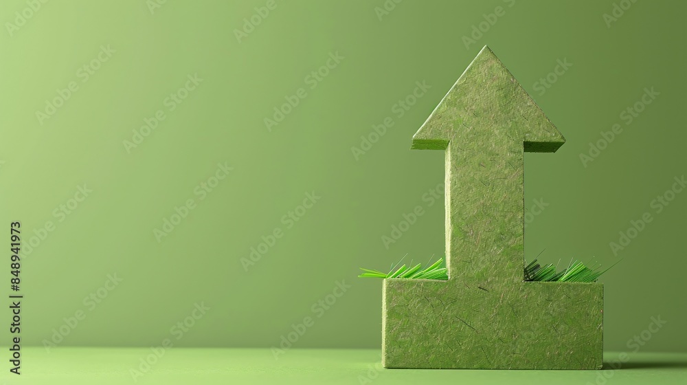 Poster against a clean background, an upward-pointing arrow in green symbolizes progress in the circular ec
