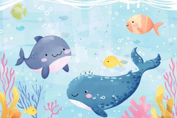 Cheerful Underwater Cartoon Friends: Dolphins, Fishes, and Bubbles Illustration