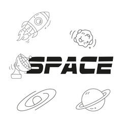 Space, planets and aliens line icons set. Planets, stars, asteroid, ufo, flying saucer, rocket, satellite and inscription. Aliens line illustration