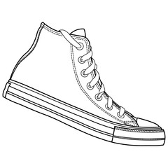 Classic high top sneakers, gym shoes. Classic vintage style, side view. Hand drawn detailed outline vector illustration. 