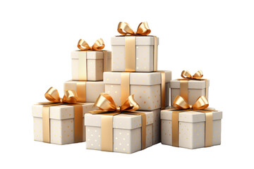 Stack of Elegance: White Boxes Adorned With Gold Bows on a Clear PNG or White Background.