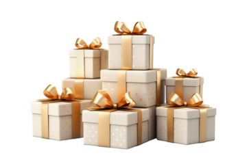Stack of Elegance: White Boxes Adorned With Gold Bows on a Clear PNG or White Background.