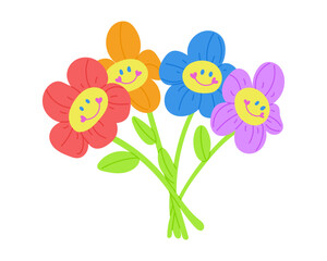 Vintage 2000s soft toys in flower bunch. Vector flat illustration of artificial flowers in neon colors isolated on white background. Perfect for decoration, stickers and logo