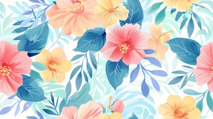 Hand-drawn pastel flowers and leaves in a seamless pattern design