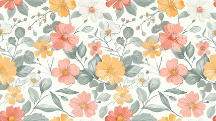 Hand-drawn pastel-colored flowers and leaves, seamless pattern design