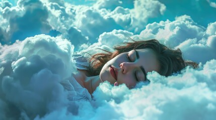 The close up picture of the caucasian female human that laying down for sleeping on the sea of the cloudscape that act like pillow that look fluffy and soft at the bright sky of the daytime. AIGX03.