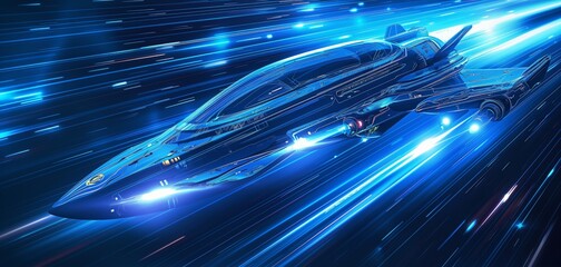 A sleek, futuristic spaceship zooms through a vibrant, blue hyperspace tunnel, leaving light trails.