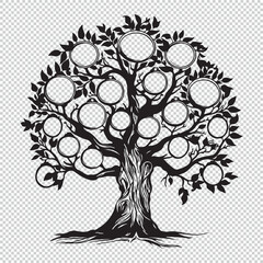 Simple flat family tree design, black vector illustration on transparent background