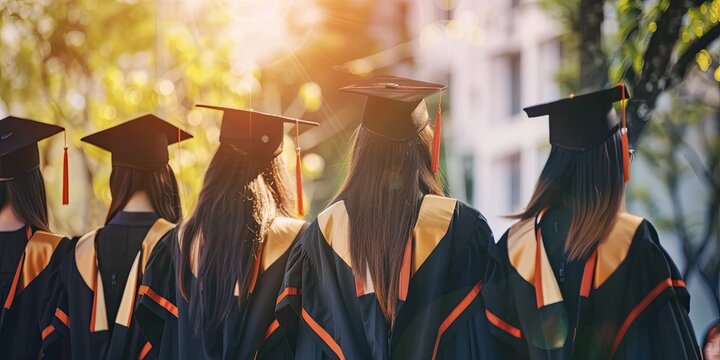 Rear view of university graduates wearing graduation gowns and caps, standing together outdoors.