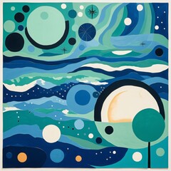 Fototapeta premium Colorful abstract painting featuring geometric shapes and celestial themes with circles, stars and waves in various shades of blue and green