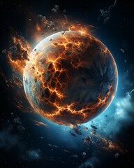 Obraz premium A dramatic depiction of a planet exploding in space with fiery cracks and debris scattering amidst a cosmic background