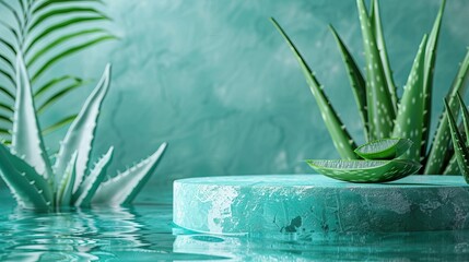 Aloe Vera Plants On Green Surface Background Water Reflection Nature Calmness