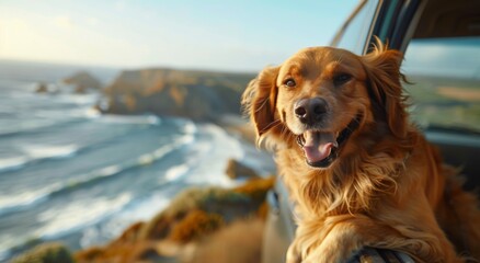 Obraz premium Golden Retriever Looking Out Car Window at Ocean