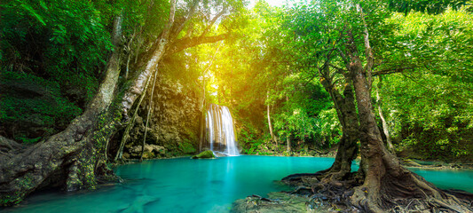 Beauty in nature, amazing waterfall in tropical forest of national park, Thailand